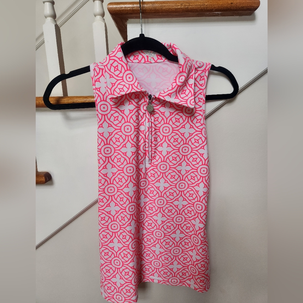 Tzu Tzu Pink and White Sleeveless Polo Shirt Small